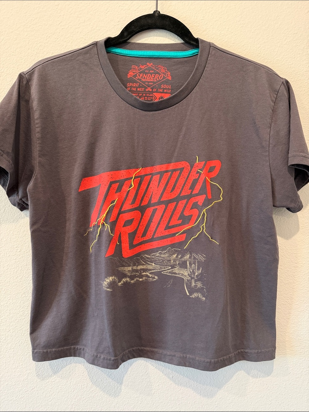 Sendero Thunder Rolls Graphic Crop Tee - Charcoal/Red
